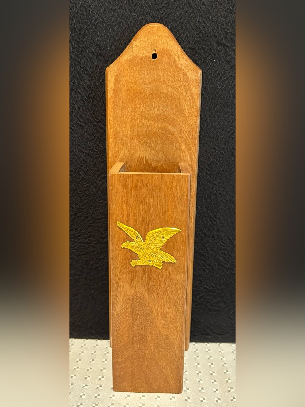 Vtg MCM Wood Long Match Stick Holder Fireplace Box Gold Eagle Federal Cabin Wall
